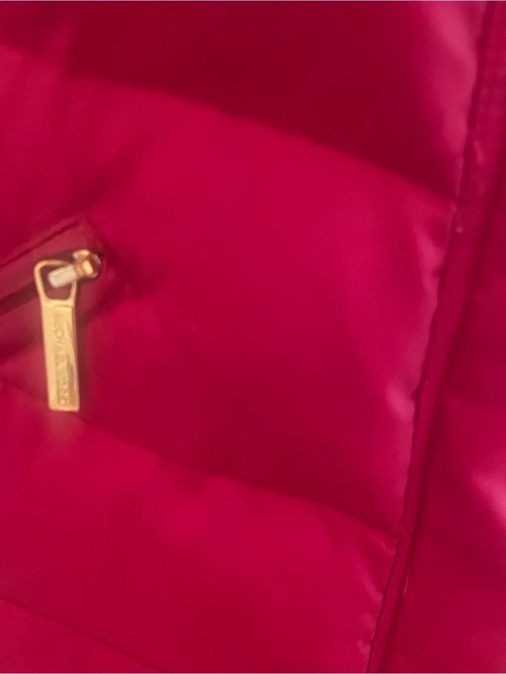 Michael Kors Red Long Quilted Puffer Coat with Faux Fur Hood